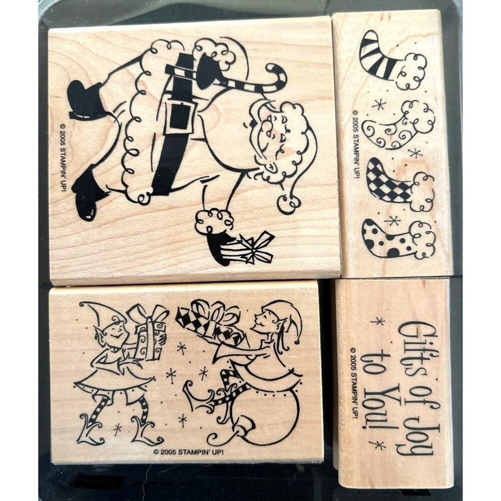 2005 Stampin Up! Gifts Of Joy Wood Mounted Rubber Stamp Set Holidays